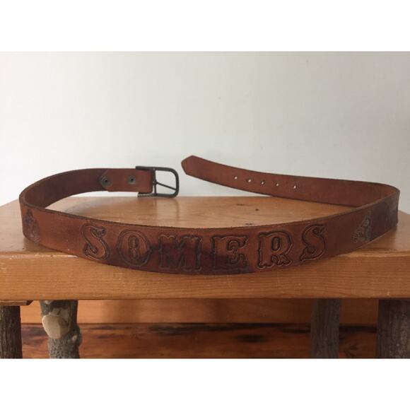 Vintage SOMERS Handtooled Racing Motorcycles Biker Brown Tan Leather Belt 39\